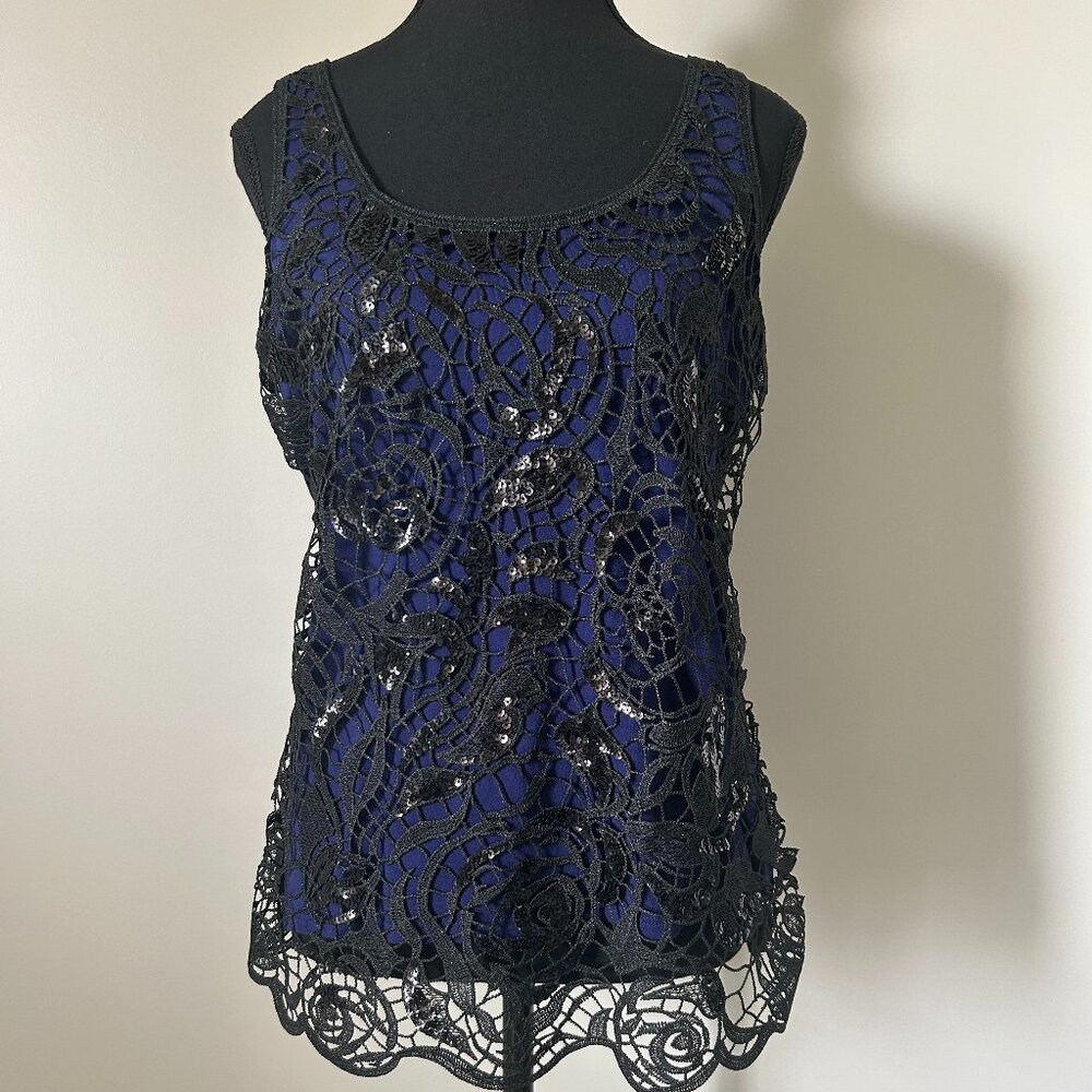 Express Blue & Black Lace Tank Top
